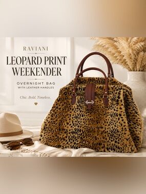 Raviani Leopard Print Faux Fur Overnight Weekender with Leather handles